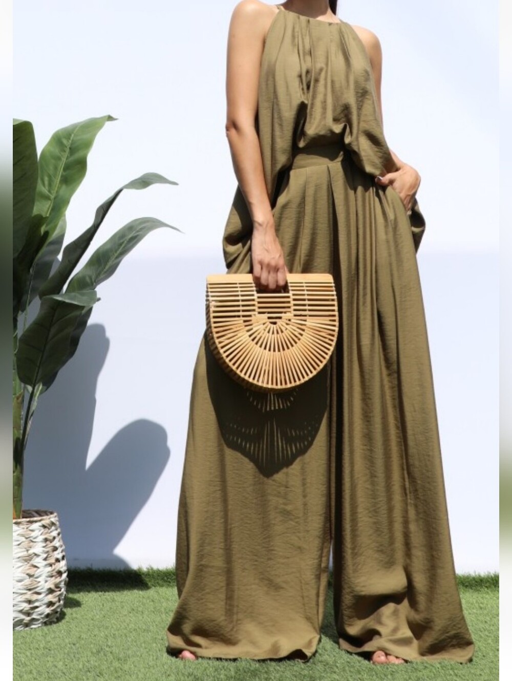 Boho Olive Green Halter Top &  Wide-Leg Pants Set NWT